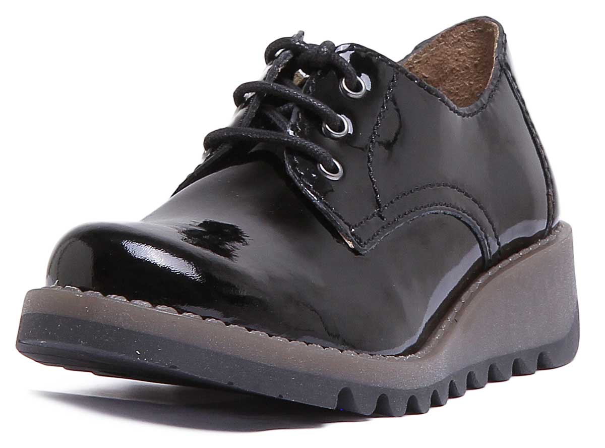 Fly London Simb K Lace Up Leather Shoes In Black Patent For Kids - Image 6